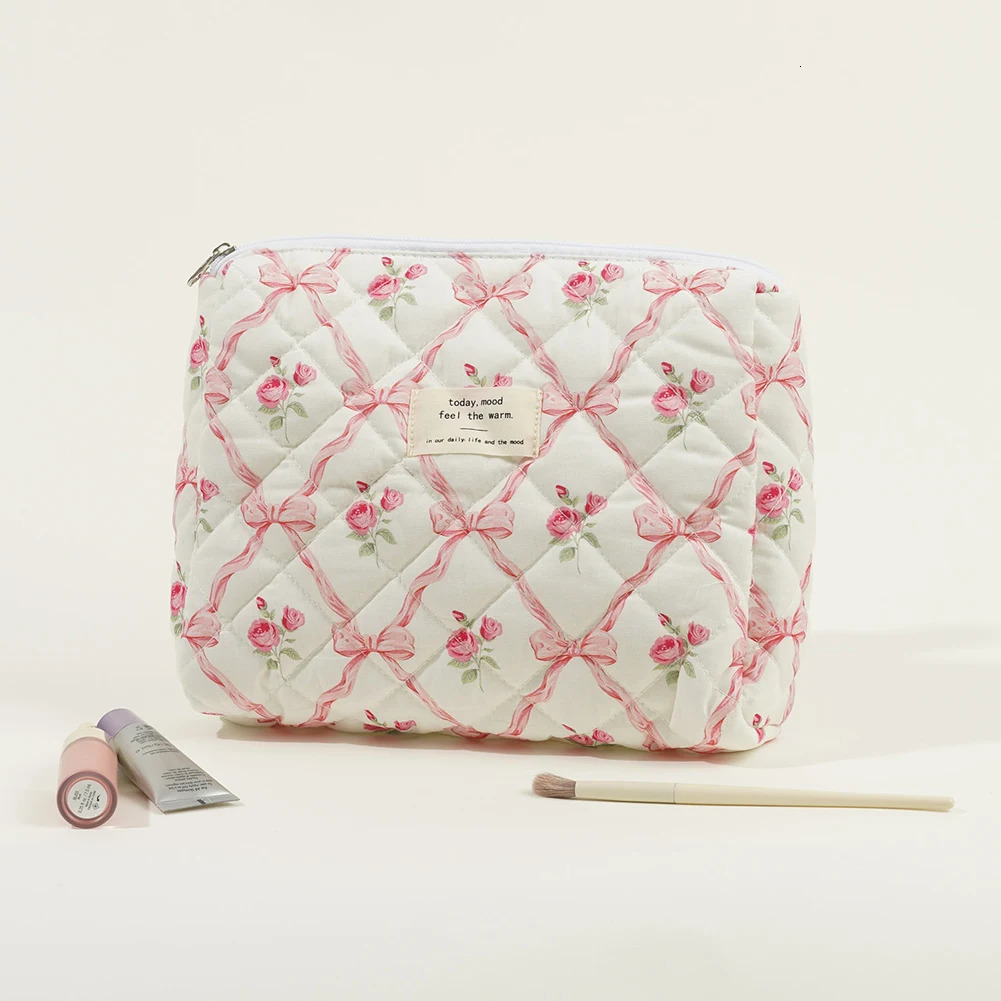 3Pcs Makeup Bag Set Portable Cosmetic Pouch Large Capacity Quilted Coquette Toiletry Bag Aesthetic Cotton for Travel Vacation 241212