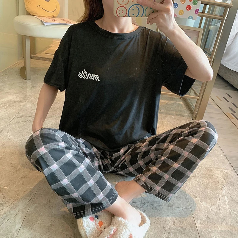 Summer pajama set for girls short sleeved Tshirt plain weave pants sweet home women casual n sleepwear 241212