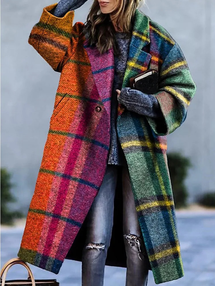 Freeacy 2024 womens coarse woolen coat in contrasting colors plain weave loose coat autumn and winter casual trench coat 241209