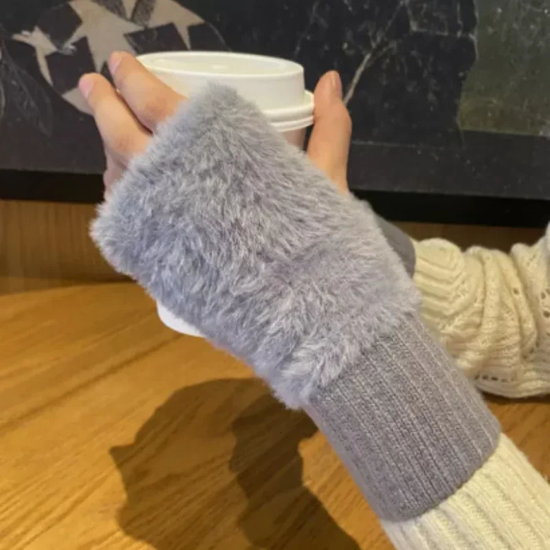 Womens mink half finger gloves for winter warmth pure color plush knitted fingerless 241212