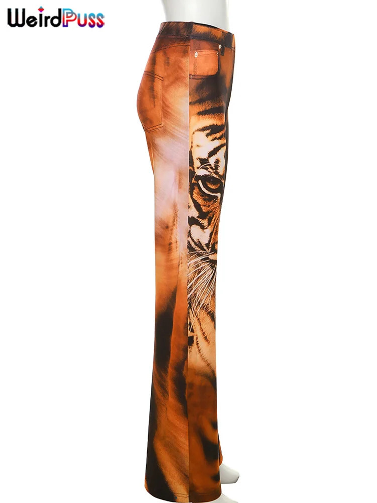 Weird Puss Tiger Print Flare Pant 2023 Y2K Summer Trend Skinny Elastic Wild Casual Streetwear Basic High Waist Trousers 241212