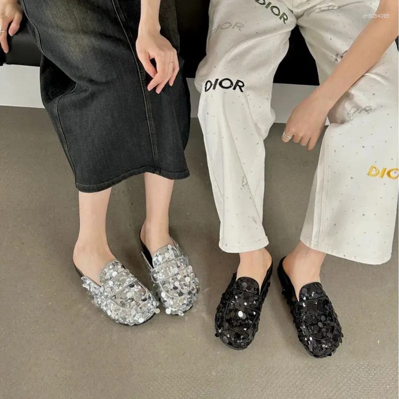 Slippers Shoes Low Shallow Womens Outdoor Slides Cover Toe Pantofle Thin Heels Designer 2024 Rubber Fabric Autumn Bg F