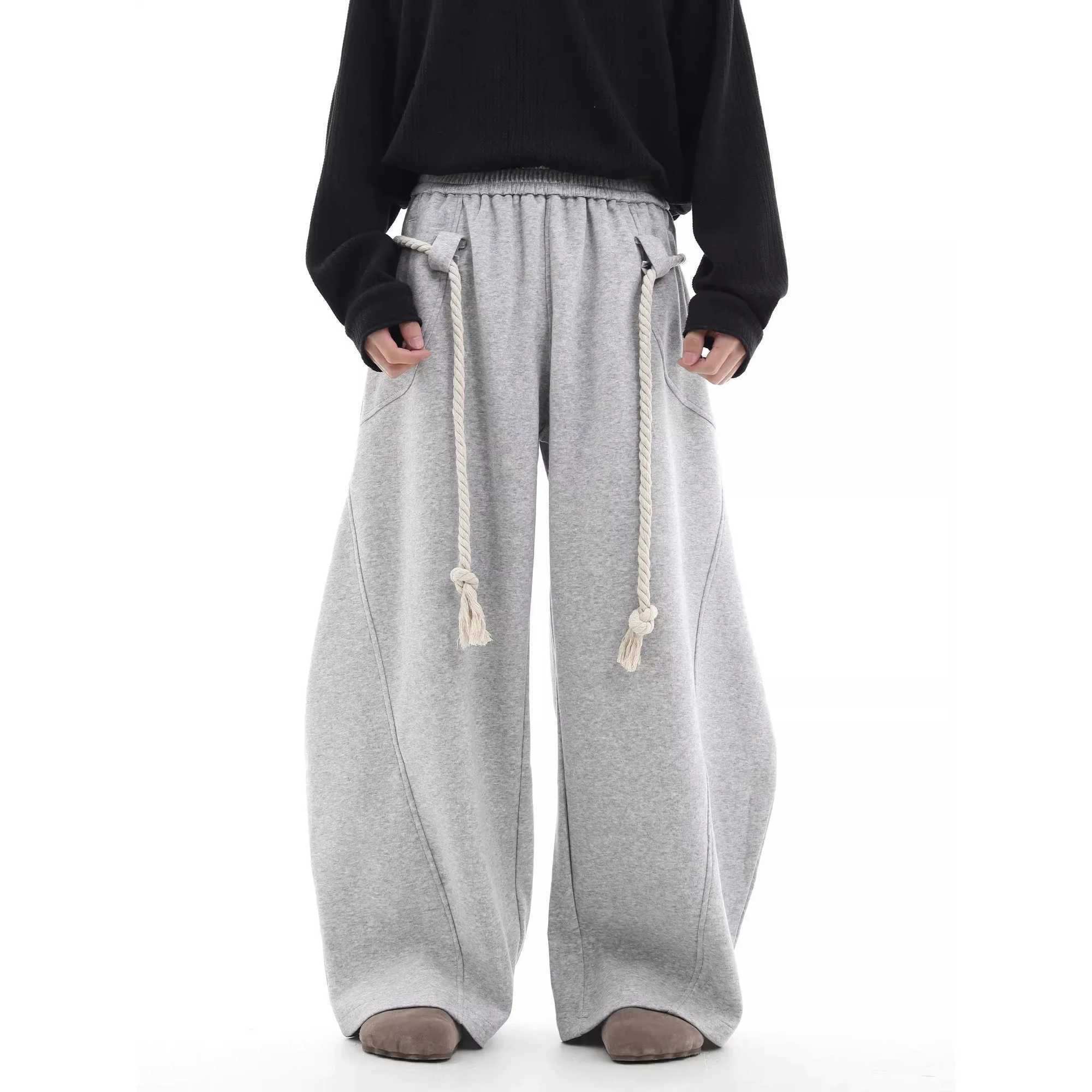 Baggy Sweatpants Men Wide Leg Gray Long Drawstring Casual Baggy Joggers Pants Curved Blade Type Design Lantern Pants Oversized X241216