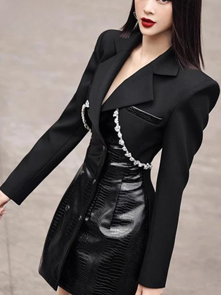 Streetwear Black Dia Patchwork Notched PU Leather Blazer Fashion Slim Fit Mid Long Suit Jacket Autumn New Tide