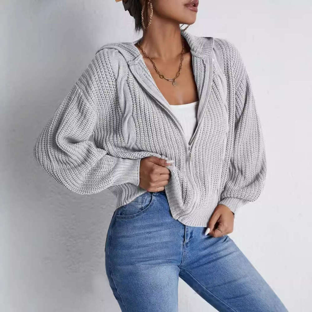 New European American Clothing For Foreign Trade, Women's Autumn And Winter Hooded Cardigan, Knitted Waffle Hoodie Top