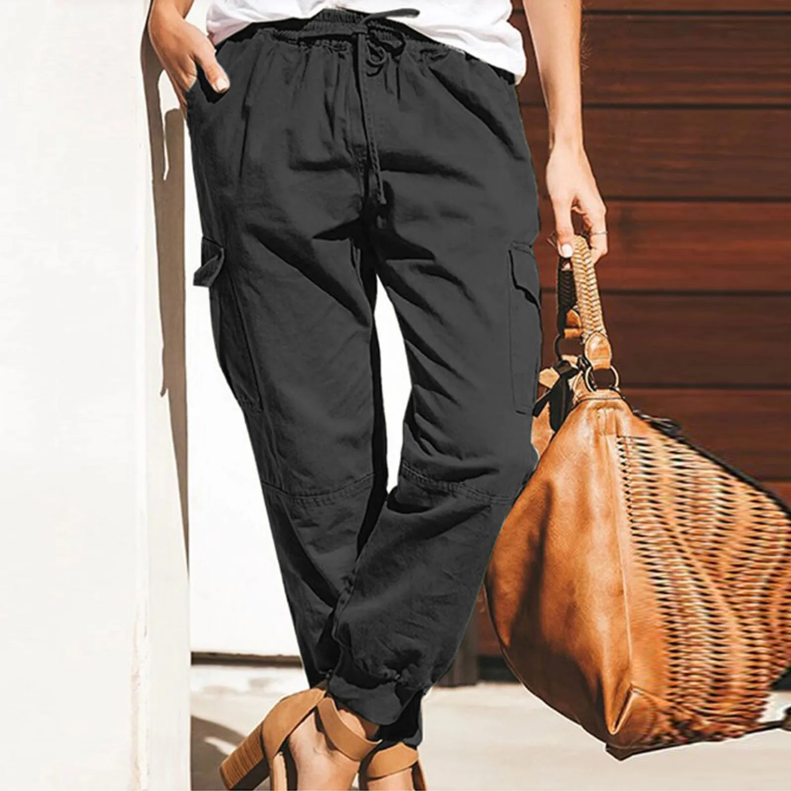 Womens retro casual pocket cargo pants fashionable solid color loose 241212