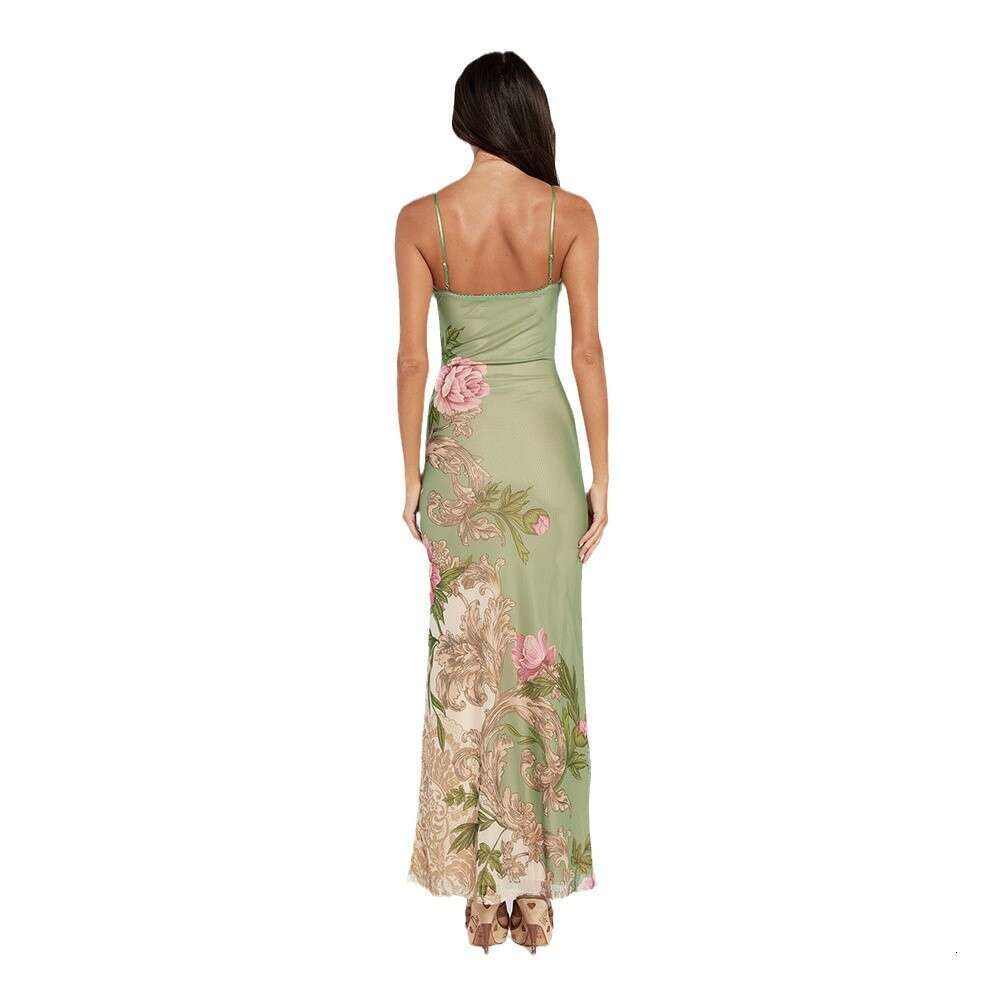 Spring Summer New European And American Vacation Style Temperament Slim Fit Dress Mesh Print Design Sense Suspender Skirt Fashionable Quality Classic 