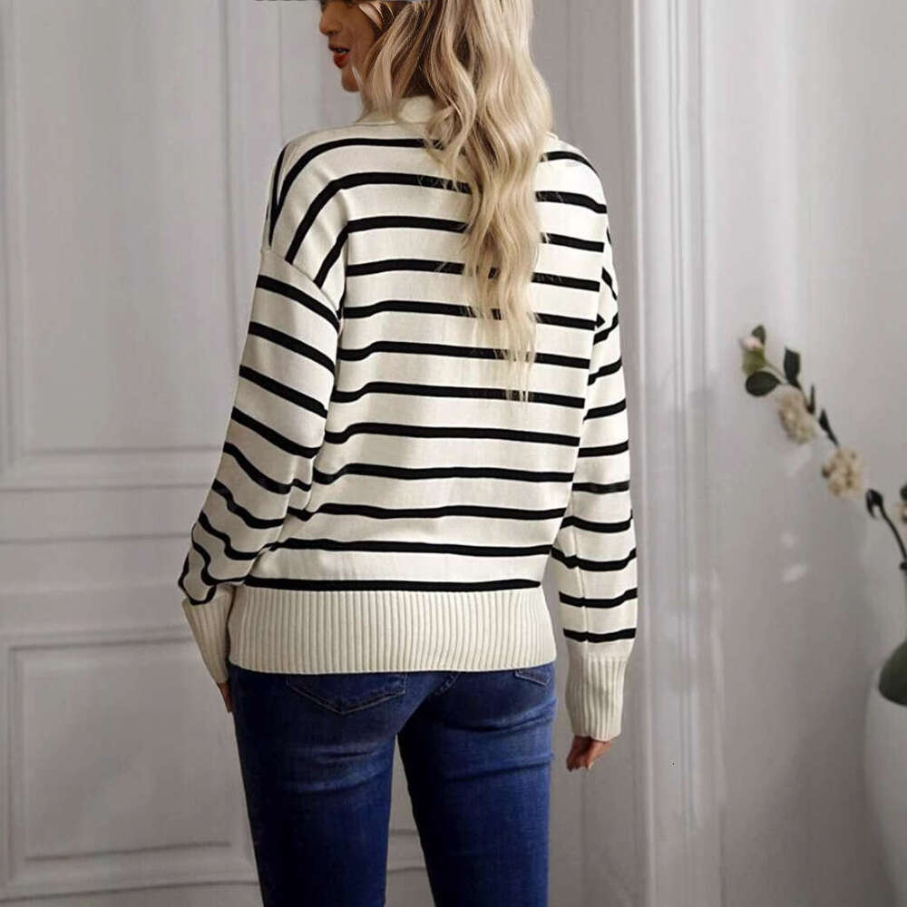 Foreign Trade Autumn Clothing European And American Polo Collar Striped Pullover Women's Knitted Sweater Fashionable Quality Classic