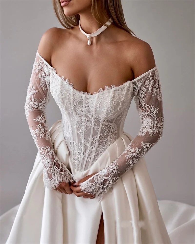 Elegant Bridal Dress Lace Appliques Wedding Off Shoulder Long Sleeves A e Gown Split Side Sweep Train Customized Dresses Vestido De Novia