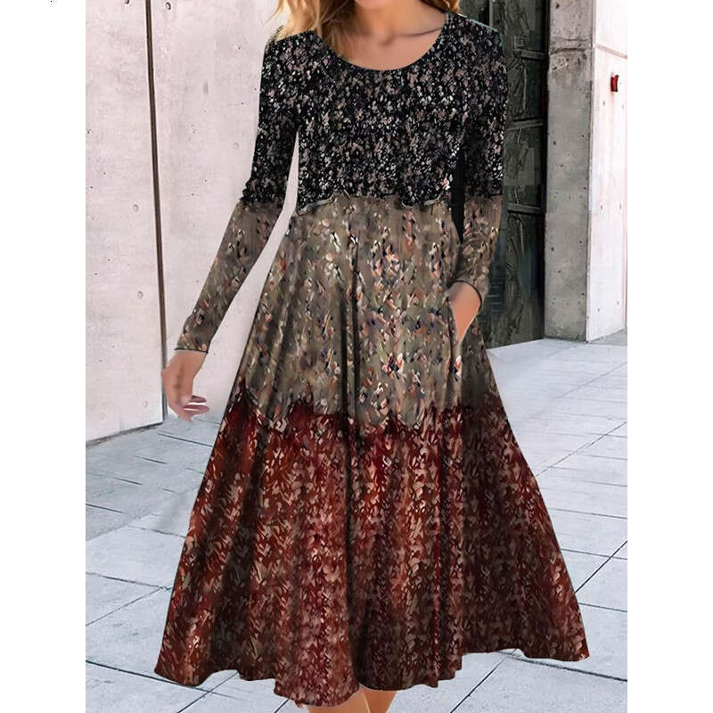 Summer European and American Round Neck Long Sleeve Loose Geometric Pattern Printed Large Pendant Dress 2024 Versatile New Trendy Clothing Ins