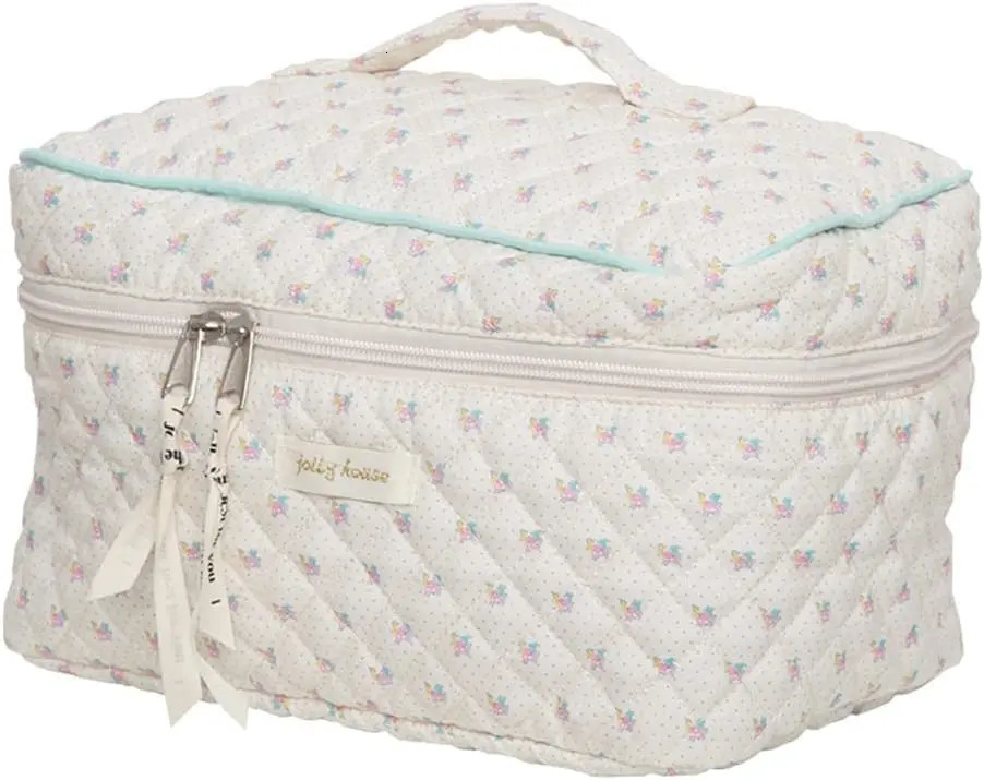 Floral Cotton Makeup Bag Large Capacity Travel Cosmetic Bag Quilted Pouch Coquette Aesthetic Toiletry Women Girls Ladies Storage 241212