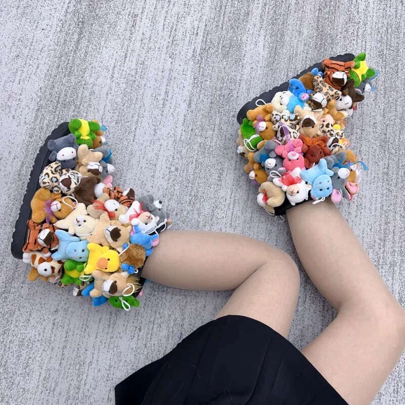 Teddy Covered In Stuffed Animals Winter Snow Women Fluffy Middle Calf Platform Flat With Cute White Boots