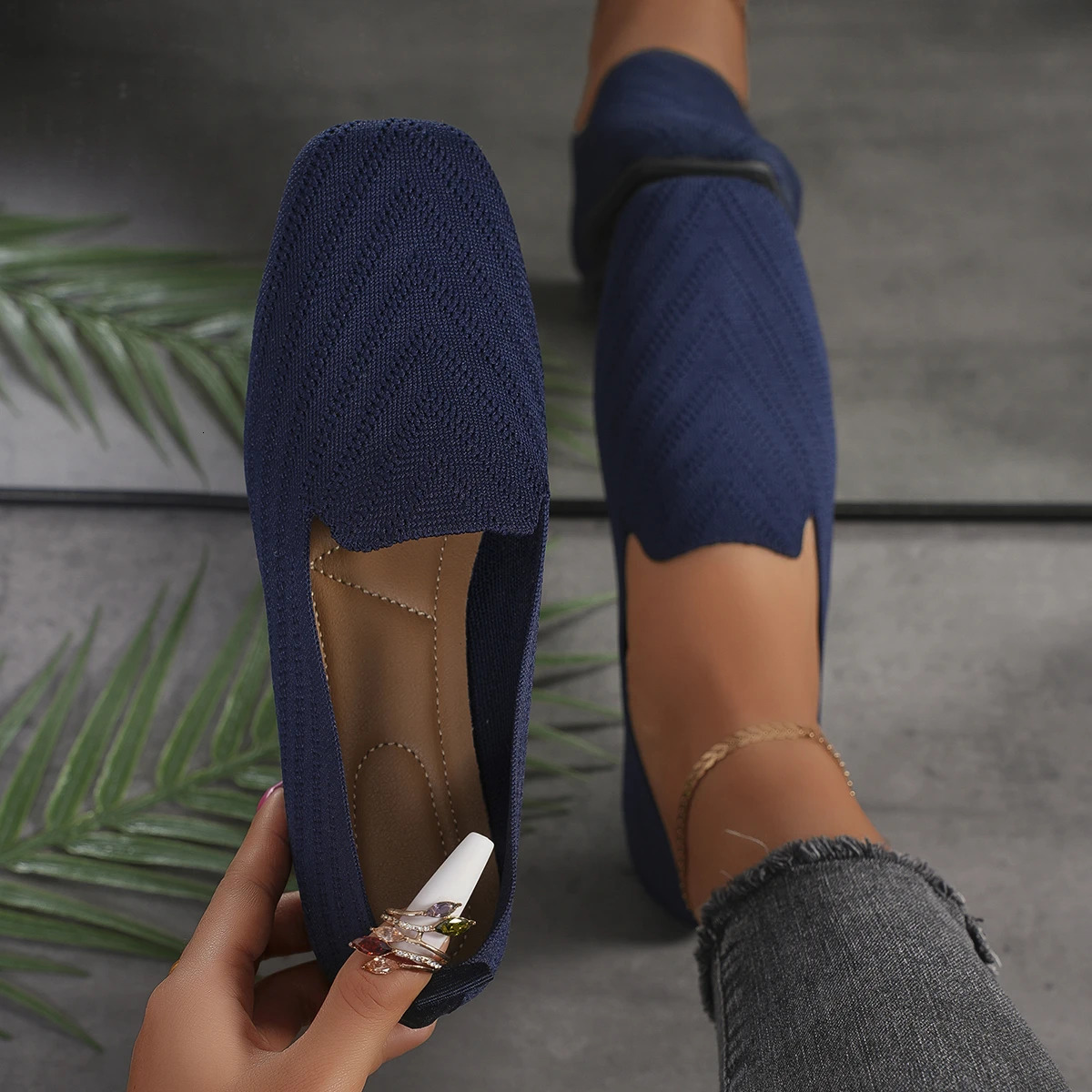 Women Flats Shoes Pointed Toe Solid Knitted Slip on Loafers Spring Casual Breathable Ballet Sneakers Mesh Breathable Flats Shoes 241213