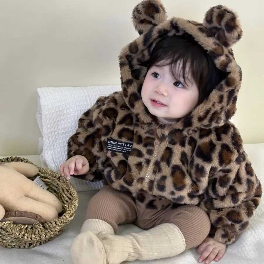 Baby Girls Coat Autumn/Winter Thick Hooded Cotton Jacket with Velvet Childrens Clip Cotton Warm Cotton Coat Leopard PatternXJ241214