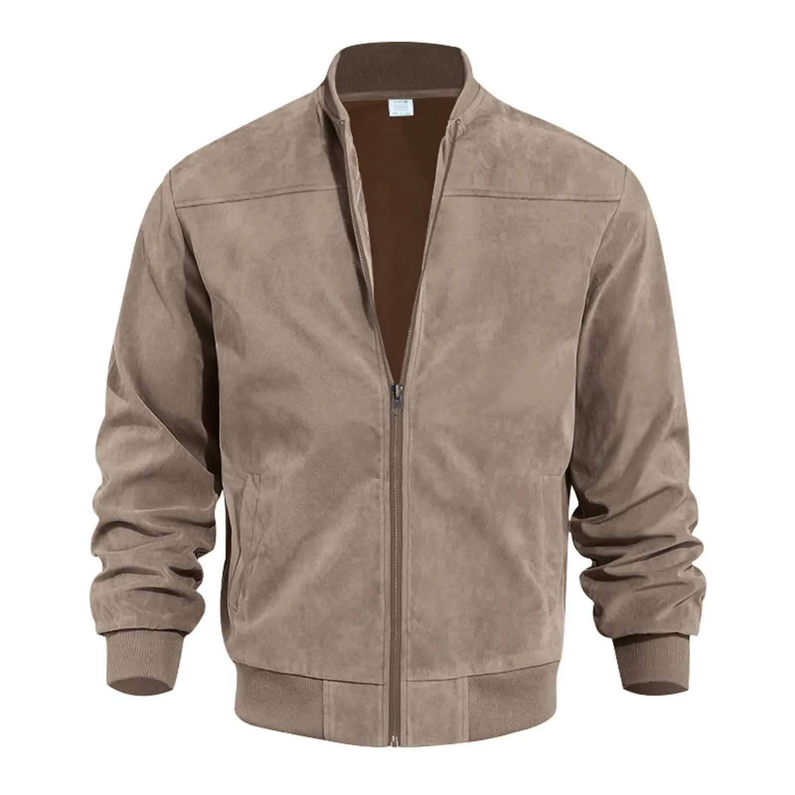 Mens Retro Suede Bomber Leather Jacket Autumn Winter Streetwear Long Sleeve Full Zip Coat Outerwears Windproof Baseball Jackets W250320