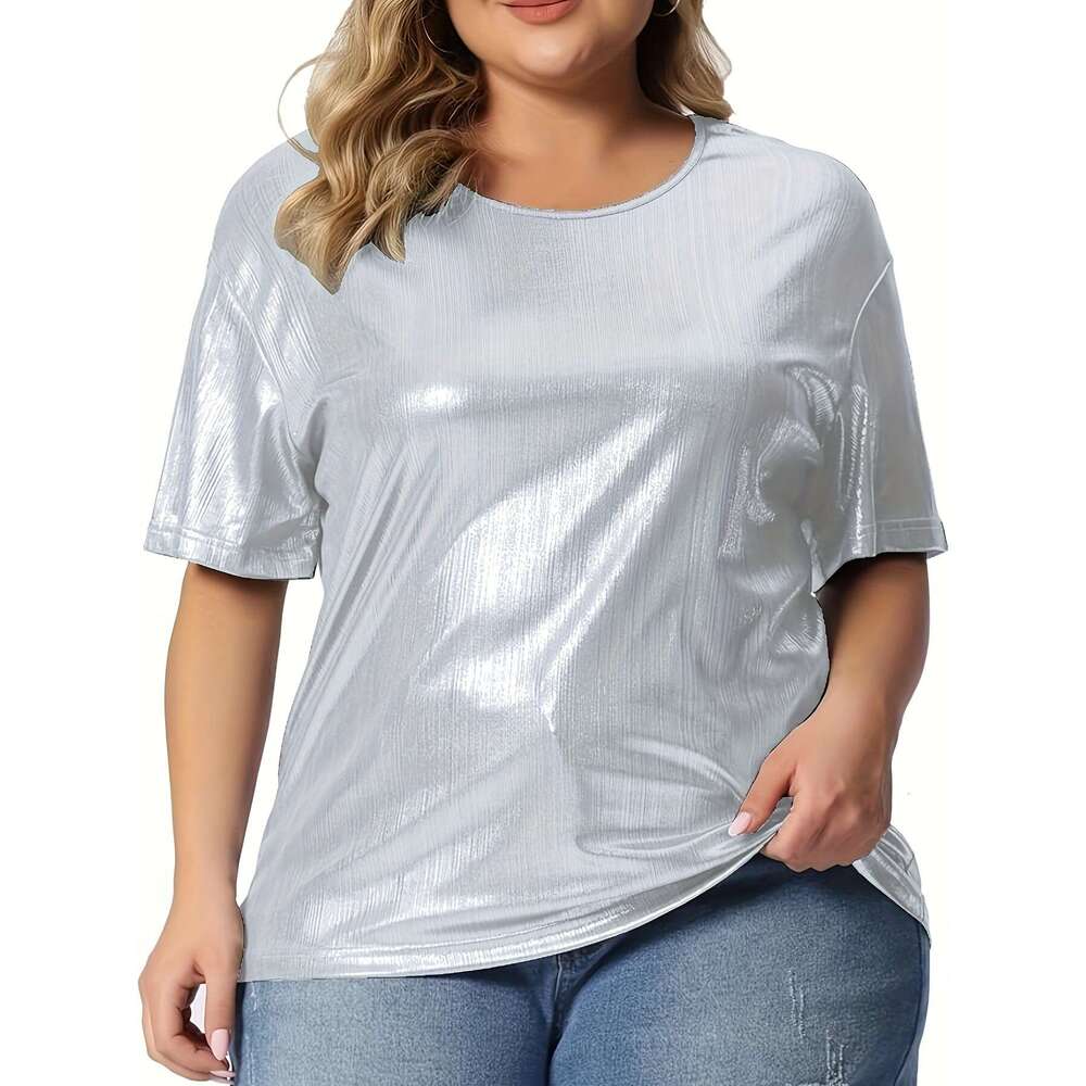 European and American summer loose fit plus round neck solid color gold powder short sleeved T-shirt 2024 temperament versatile new trend clothing ins