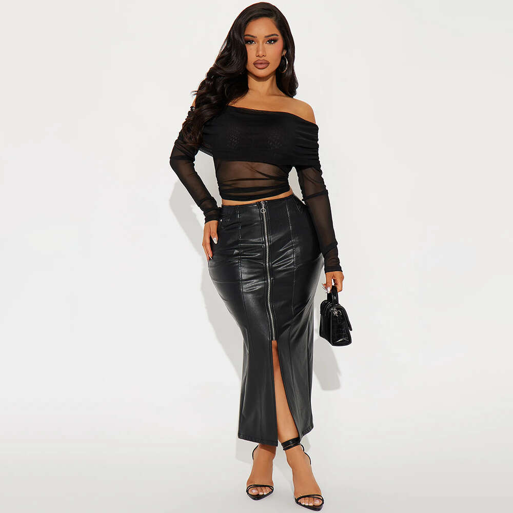 Spring Summer European And American Fashion Spicy Girl Style Top Plus Size Women's Clothing Strapless Mesh Semi Transparent Long Sleeved T-Shirt 