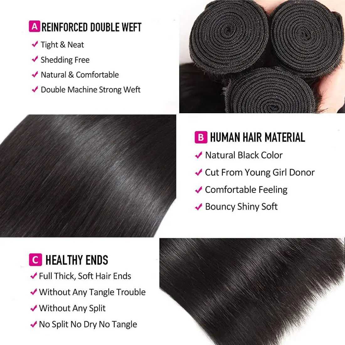 Straight Human Hair Bundles with Clo 100% Unprocessed Brazilian Human Hair 3 Bundles with Frontal 4x4 Clo with Baby HairXJ250120