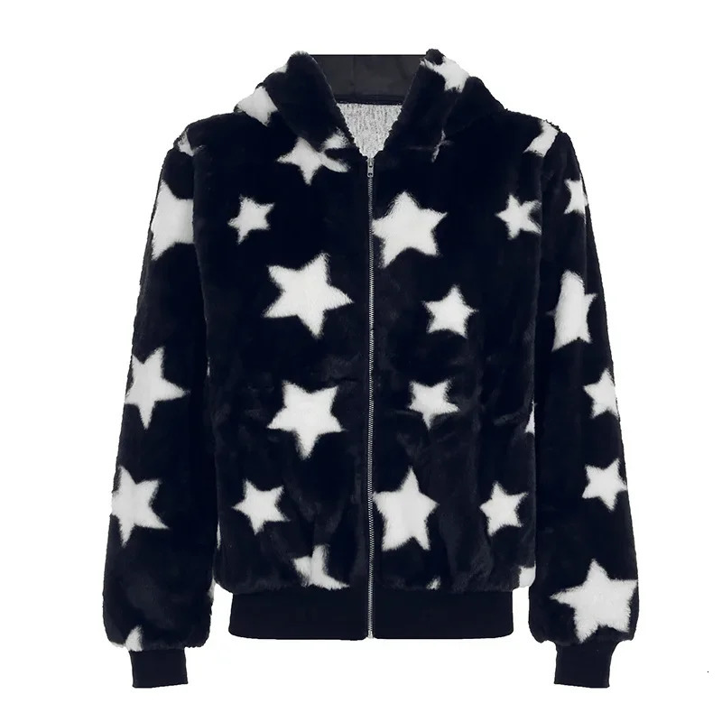 Y2K retro star shaped warm plush hooded jacket with unique loose fit suitable for womens warm and comfortable hooded sweatshirt 241214