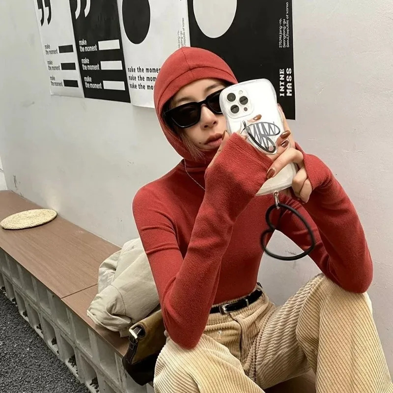 Solid long sleeved hooded womens autumn and winter ultrathin slim fit turtle neck zipper top 241211