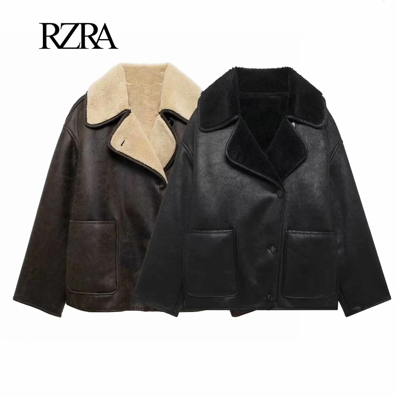 RZRA Womens AutumnWinter coat lapel singlebreasted pockets to dress up chic short leather jacket 241121