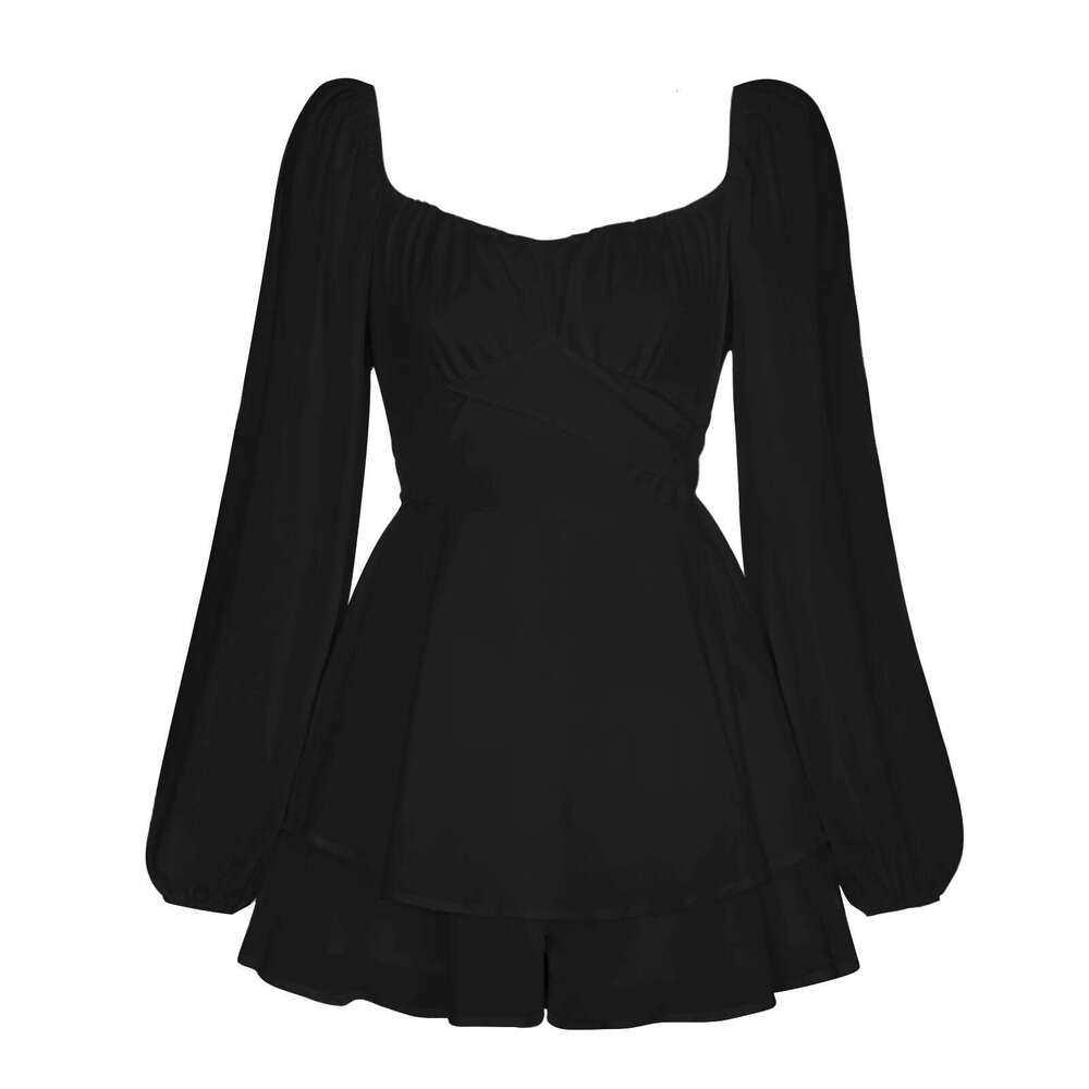 Jumpsuit Solid Color Women's Autumn Outfit Square Collar Lantern Long Sleeved Ruffle Edge Shorts Casual Skirt Pants Fashionable Quality Classic