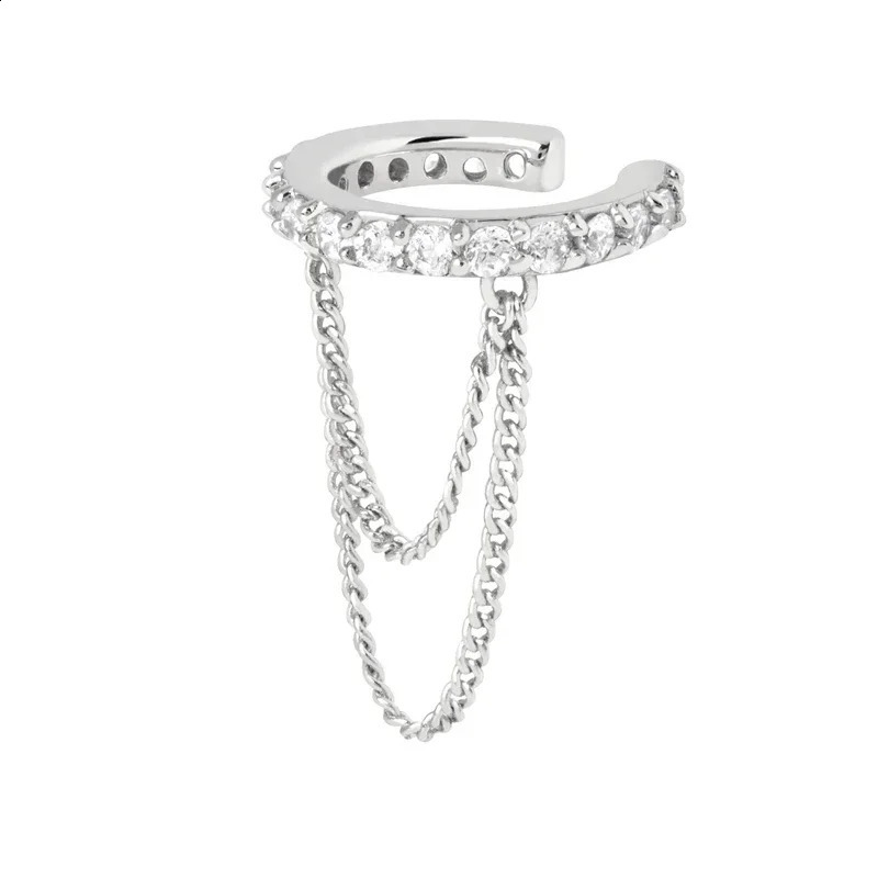 VAL 925 Sterling Silver White Zircons Pave Chain Tassel Ear Cuffs For Women Non Pierced Oval Crystal Crown Shape Clip Earrings 241214