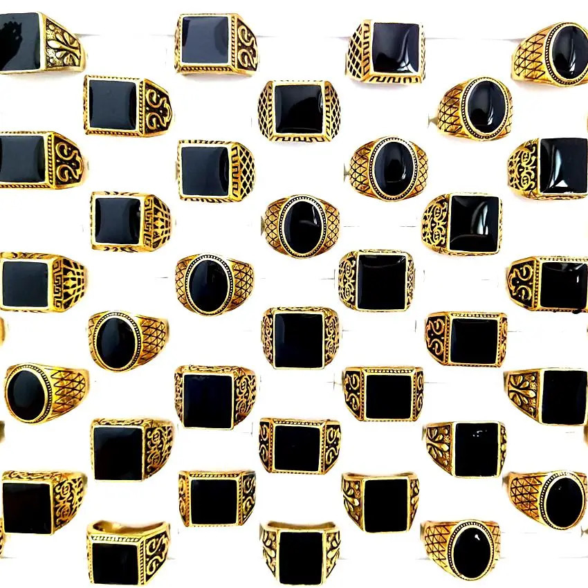 Wholesale 30pcs/lot Mens Black Enamel Gold plated Ring Square Rectangle Oval Shapes Mix lot Vintage Jewelry 241216