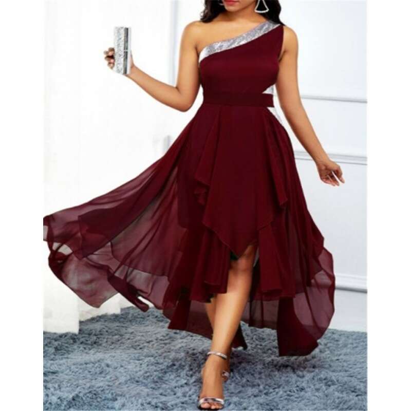 Summer European and American Single Asymmetric Hem Slant Shoulder Dress 2024 New Casual Versatile Fashion Clothing