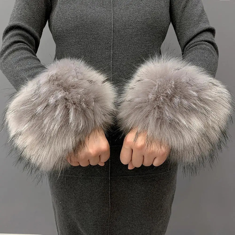 Womens artificial fur cuff wristband winter warm arm raccoon sleeve glove wrist fluffy 241212