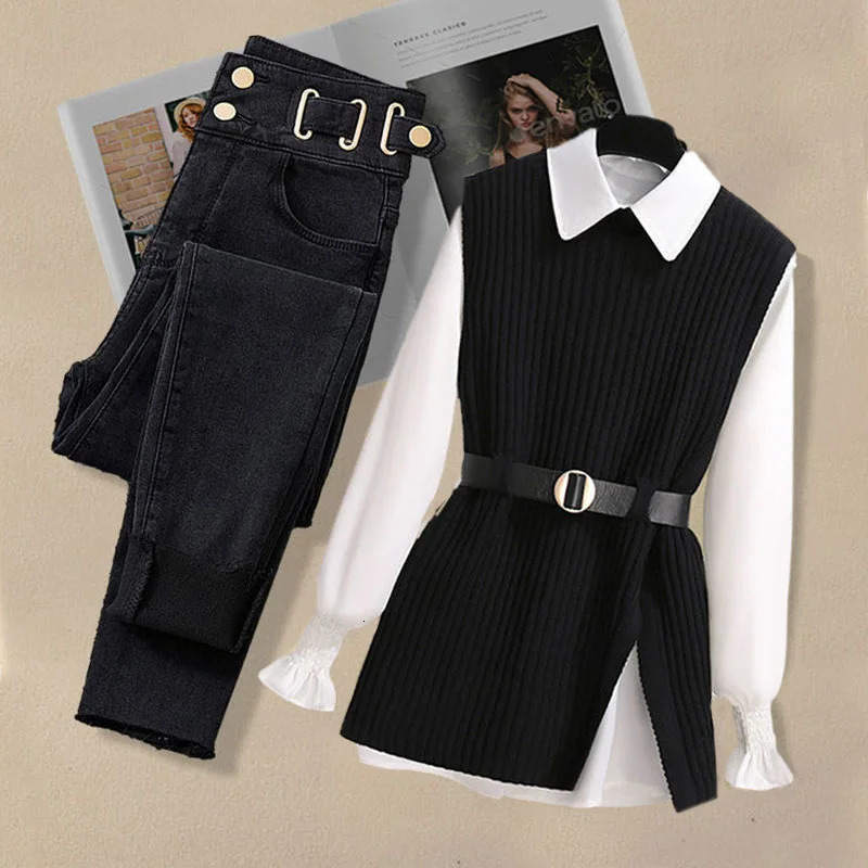 Womens autumn and winter set 2023 Korean fashion knitted vest casual slim fit jeans three piece 241212