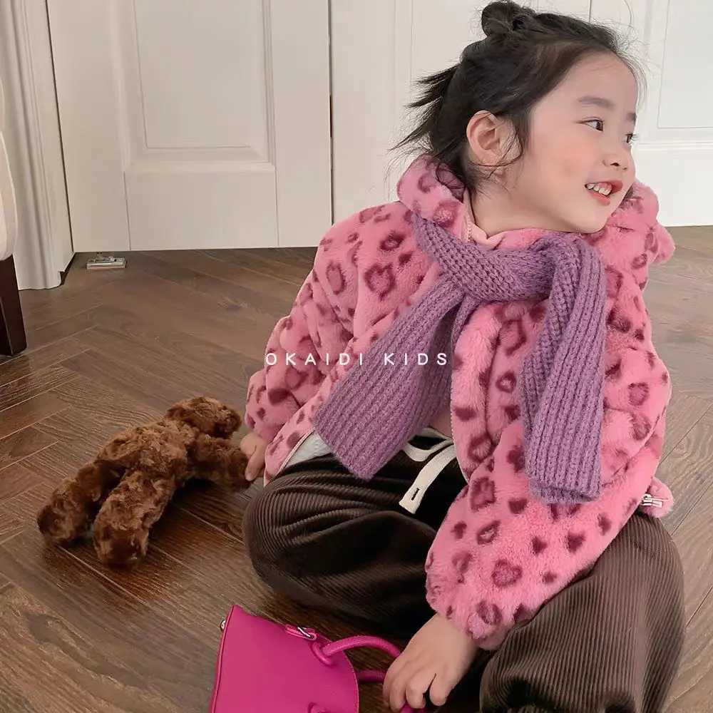Baby Girls Coat Autumn/Winter Thick Hooded Cotton Jacket with Velvet Childrens Clip Cotton Warm Cotton Coat Leopard PatternXJ241214