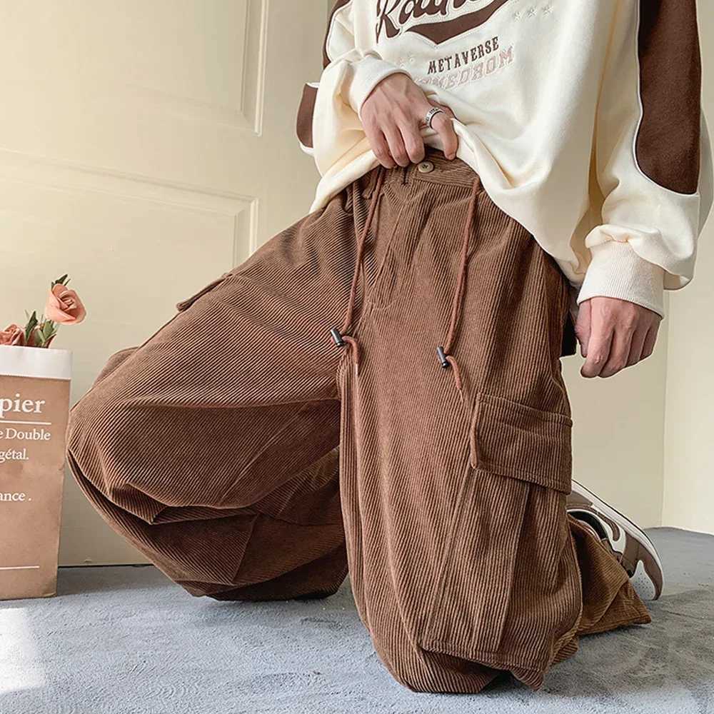 Mens Brown Baggy Japan Pants Oversized Corduroy Loose Wide Leg Cargo Pant Trousers Casual Men Sweatpants Streetwear Korean X241216