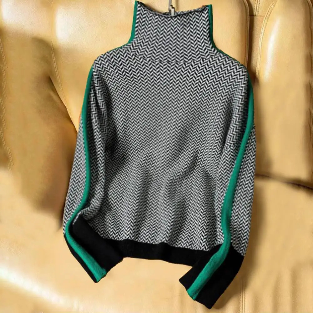Womens autumn and winter contrasting color sweater high neck long sleeved patchwork n knitted top thick warm pull up 241211