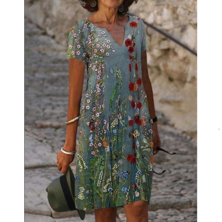 European and American Women's Spring/Summer Style Positioning Printed V-neck Short sleeved Dress 2024 New Casual Versatile Fashion Clothing