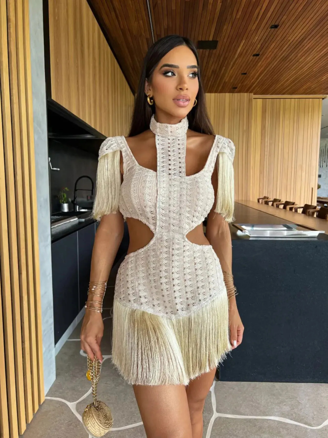 2024 Sexy Women Black Leopard Tassel Mini Dresses Deep V Sleeveless Naked Waist Dress Summer Party Evening Female Vestidos 241216