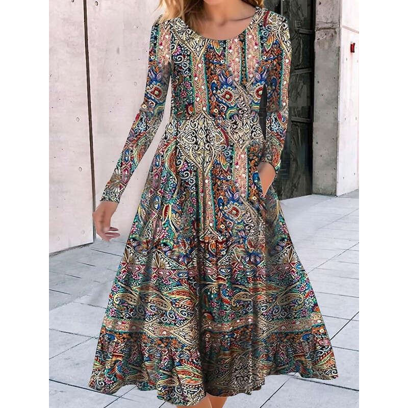 Summer European and American Round Neck Long Sleeve Loose Geometric Pattern Printed Large Pendant Dress 2024 Versatile New Trendy Clothing Ins