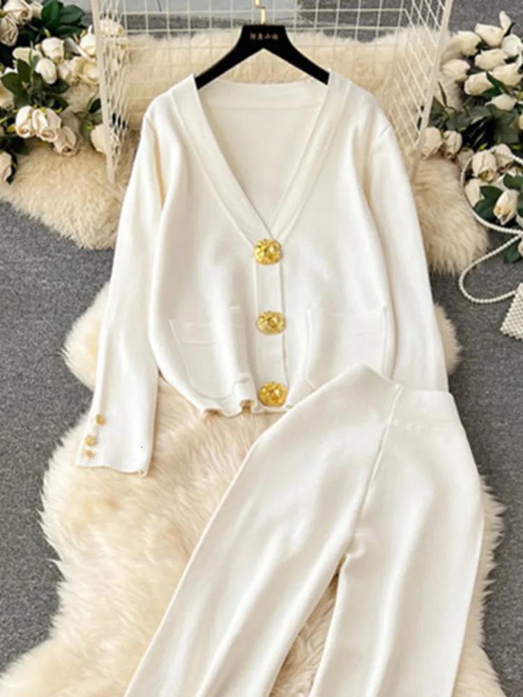 XFPV Women Casual Long Sleeved Cardigan Sweater Wide Leg Pants Knitted Twopiece Set Y2k Korean Fashion Autumn SM11439 241121