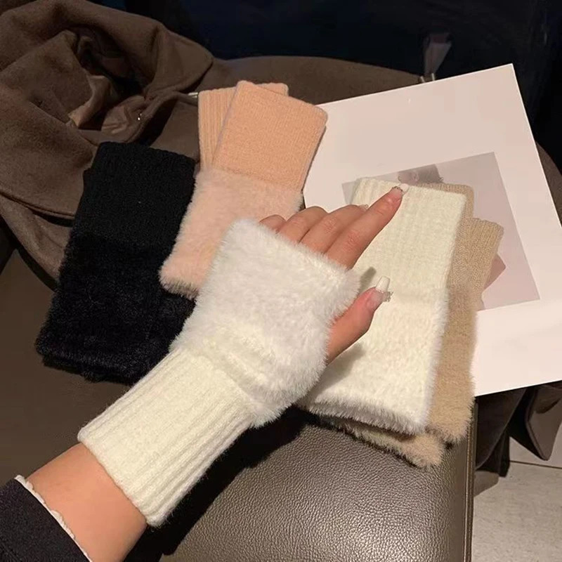 Mink wool soft winter half finger gloves warm plush knitted fingerless 241212
