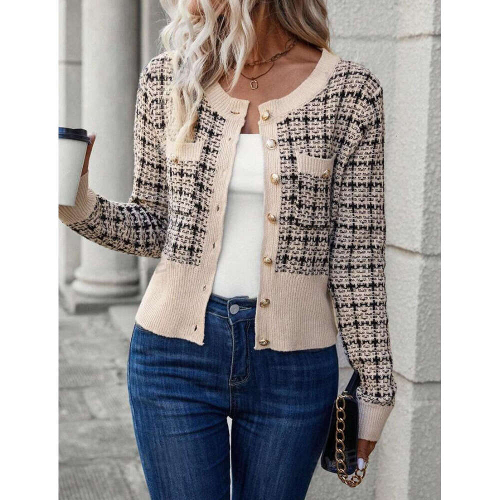 European And American Checkered Pattern Clothes, Autumn Women's Front Button Cardigan, Fashionable Quality, Classic