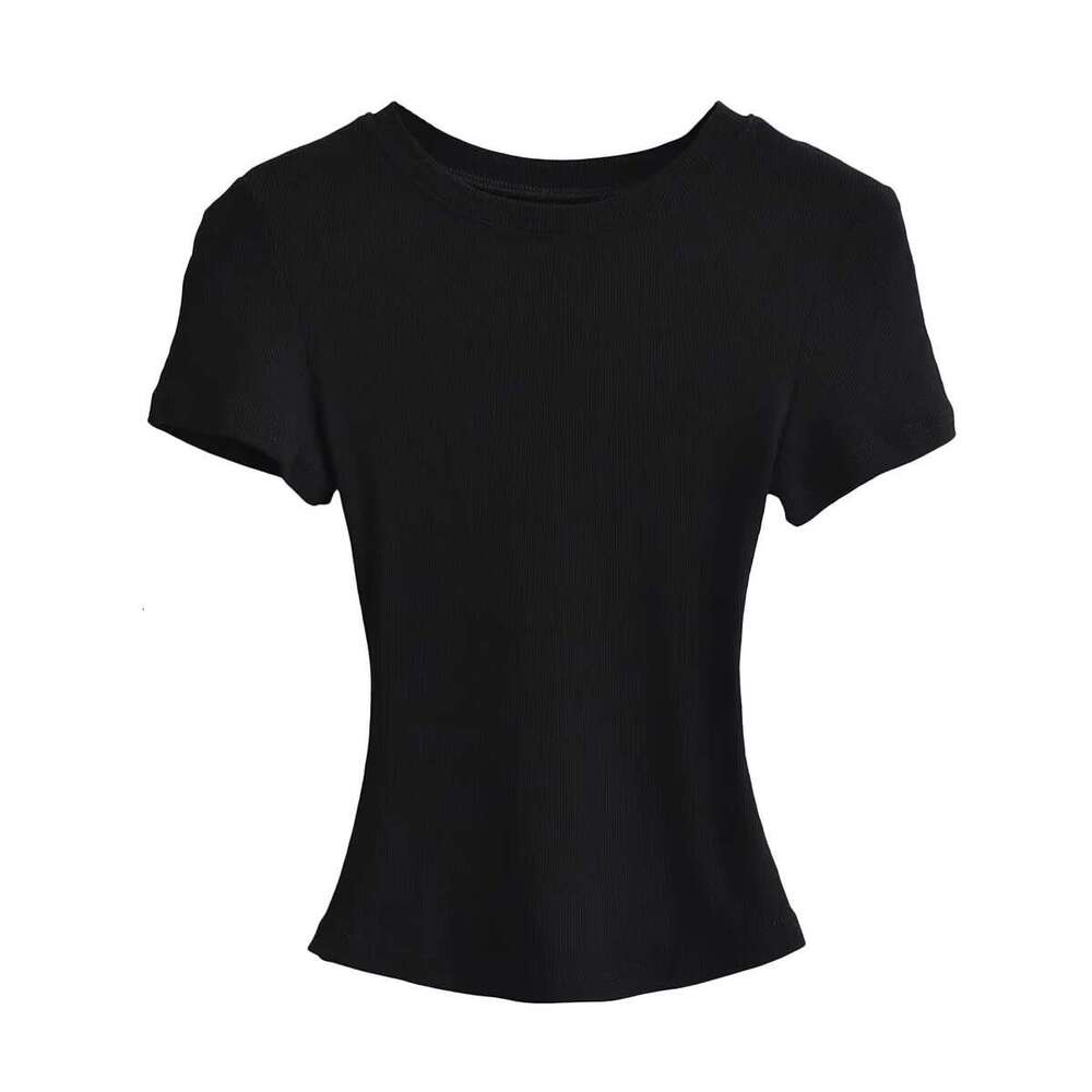 American INS basic elastic slim round neck threaded T-shirt for women's summer high waist tight fit with exposed navel solid color short sleeved 
