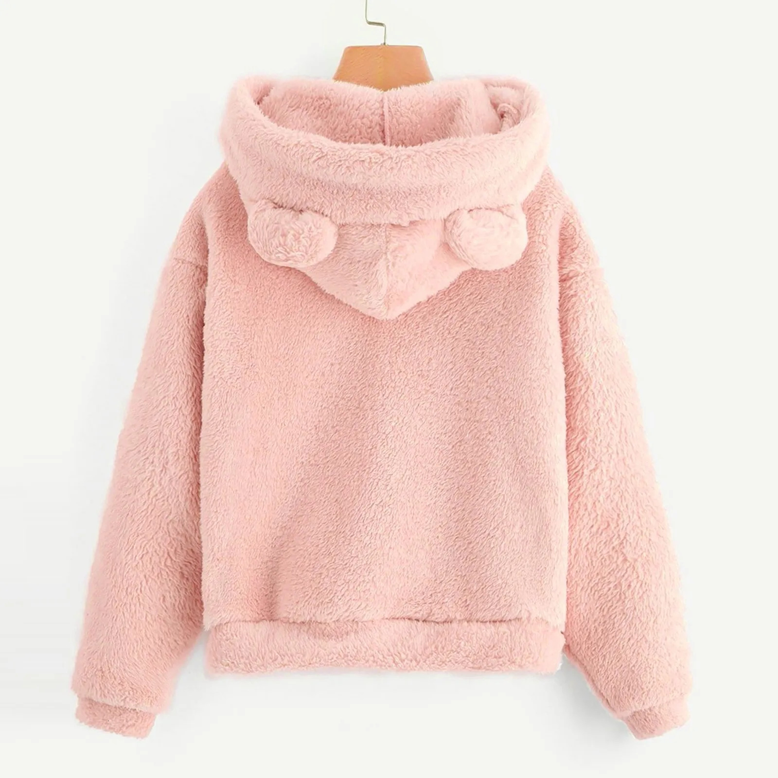 Womens Pullover Long Sleeve Fleece Sweatshirt Warm Bear Shape Fuzzy Hoodie Sweater Pullover 241214