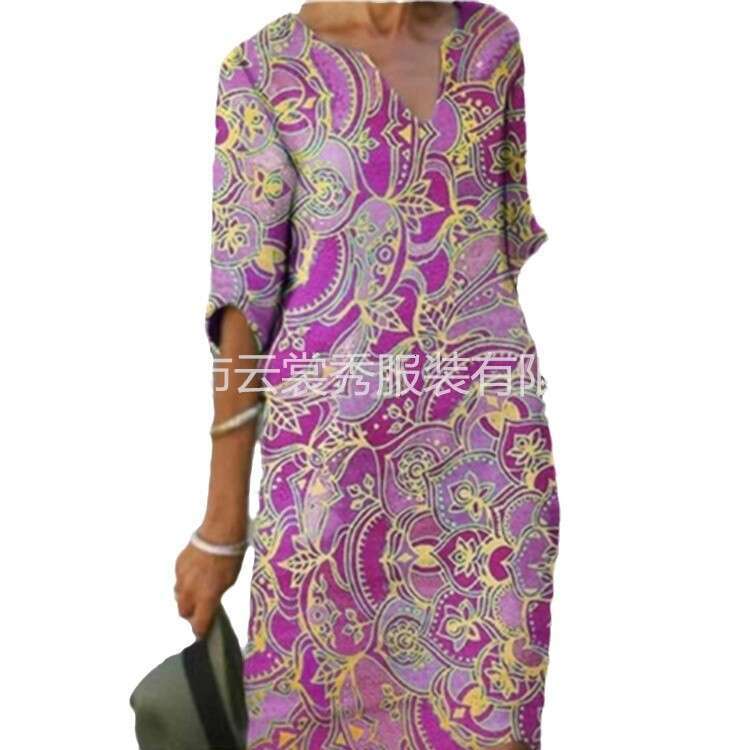 2020 summer print loose washed cotton floral short sleeved women's artistic round neck five quarter sleeve 2024 new casual versatile fashion clot