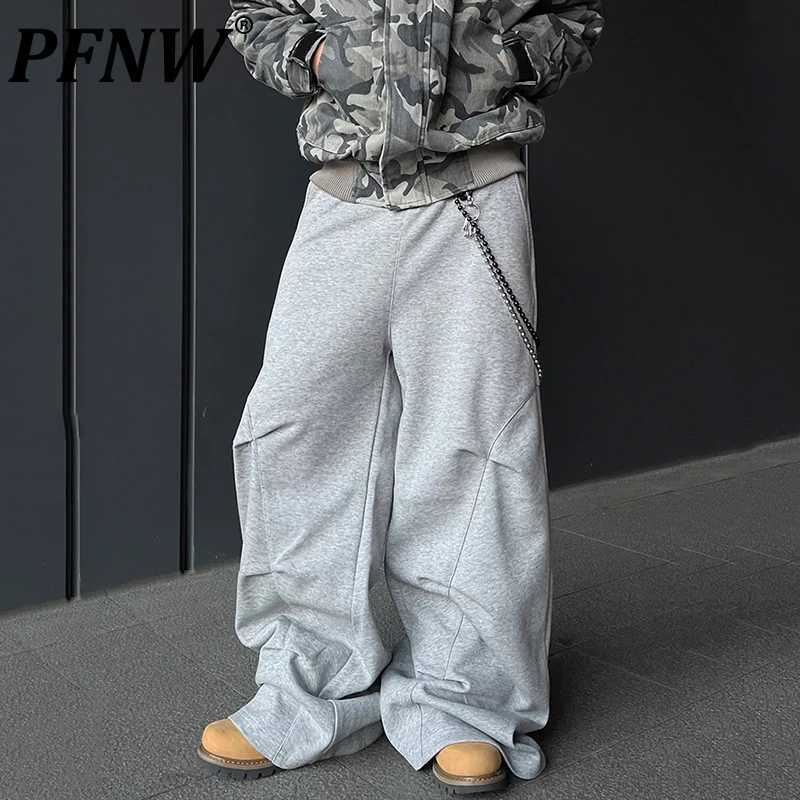 PFNW autumn mens casual sports pants with pleated solid color elastic waist straight bottom wide leg mens tight pants 12C1953 X241216