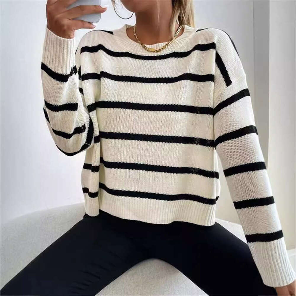 European And American Short Sleeved Cross-Border New Round Neck Striped Pullover Clothes Autumn Women's Fashion Quality Classic