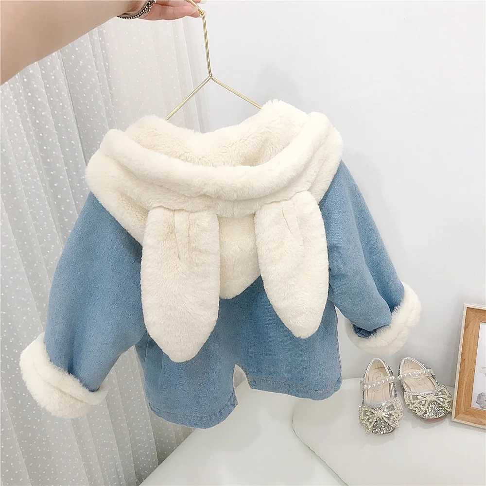 Cute Toddler Kids Jackets for Girls Winter Plush Thick Denim Jacket Korean Children Rabbit Baby girls Warm CoatXJ241214
