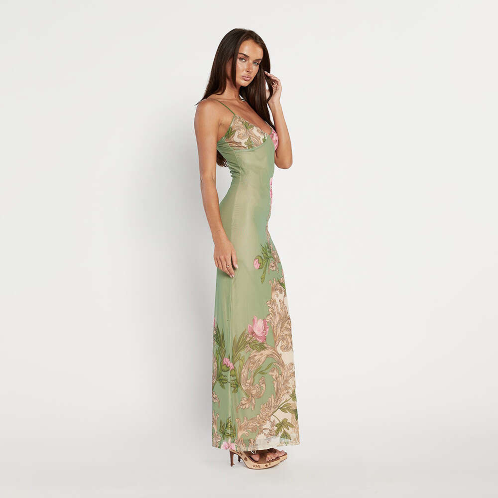 Spring Summer New European And American Vacation Style Temperament Slim Fit Dress Mesh Print Design Sense Suspender Skirt Fashionable Quality Classic 