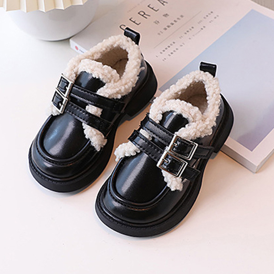 Children Leather Shoes Loafers for Boys Girls Winter Thick Soled Lamb Wool Warm Happysteps Girl Uniform Princess School Cotton Shoes Plush PU Sizes US