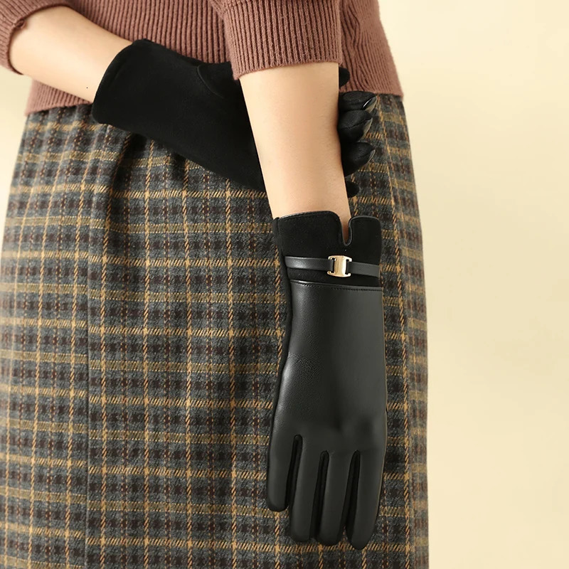 1 pair of winter wool lined womens gloves for heating and touch screen Pu elegant exquisite bicycle driving 241212