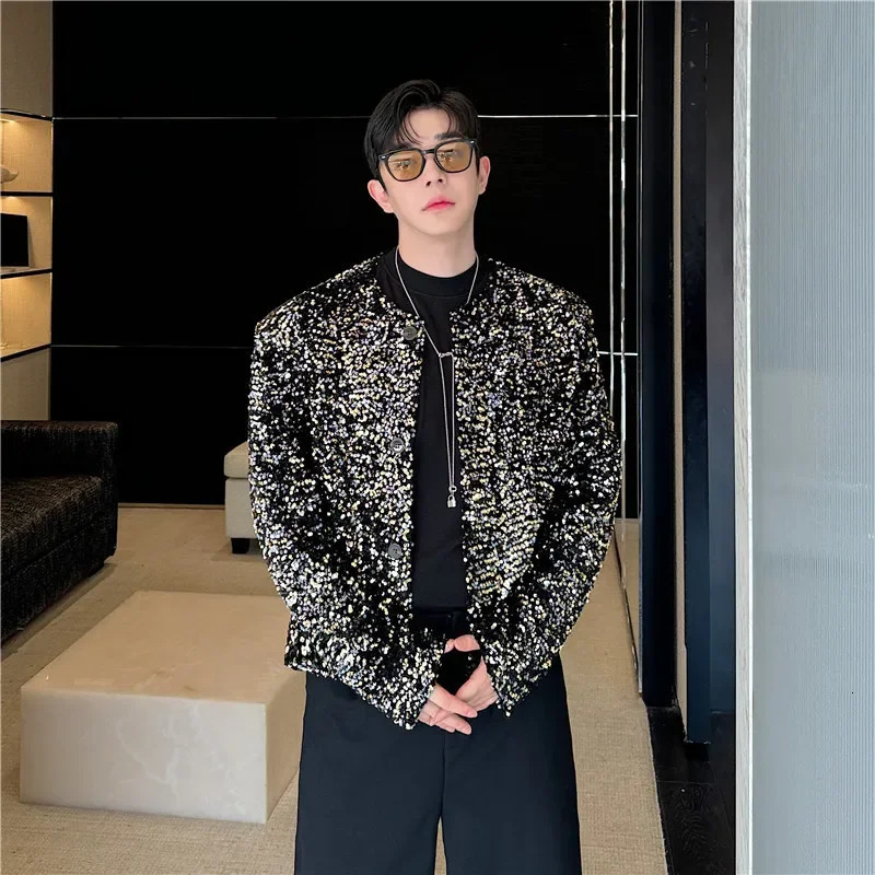 Fall Korean Style fashion short jacket sequin stage display collarless mens special edition 241209